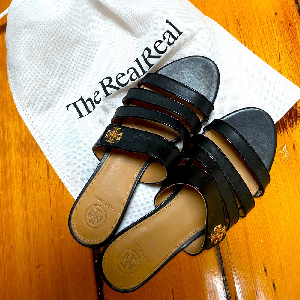 Tory Burch Black Signature Logo Leather Slides